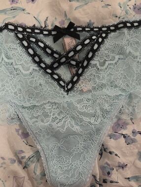 Victoria's Secret Pale Blue Lace Panty with Black Trim